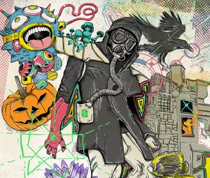 Preview wallpaper gas mask, man, art, crow, lotus, fish, dreams, fantasy