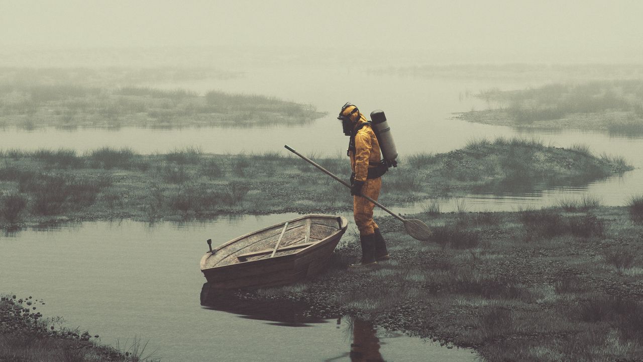 Wallpaper gas mask, man, boat, river, art