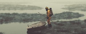 Preview wallpaper gas mask, man, boat, river, art