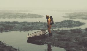 Preview wallpaper gas mask, man, boat, river, art