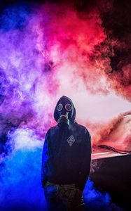 Preview wallpaper gas mask, man, smoke, colorful