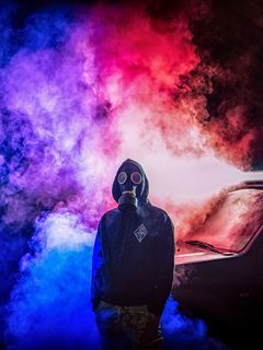 240x320 Wallpaper gas mask, man, smoke, colorful