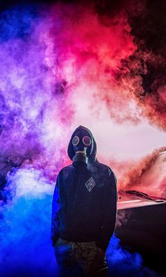 240x400 Wallpaper gas mask, man, smoke, colorful