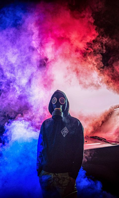 480x800 Wallpaper gas mask, man, smoke, colorful
