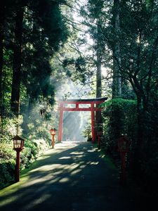 Preview wallpaper gate, china, road, lights, trees, rays