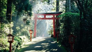 Preview wallpaper gate, china, road, lights, trees, rays