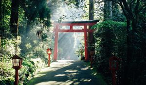 Preview wallpaper gate, china, road, lights, trees, rays