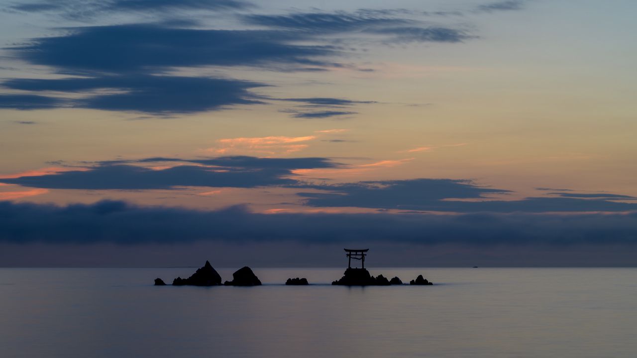 Wallpaper gate, rocks, sea, clouds