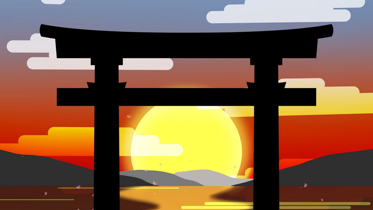 Wallpaper gate, silhouette, sun, water, vector, art