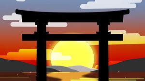 Preview wallpaper gate, silhouette, sun, water, vector, art