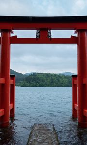 Preview wallpaper gate, water, hills, trees, landscape