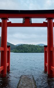 Preview wallpaper gate, water, hills, trees, landscape