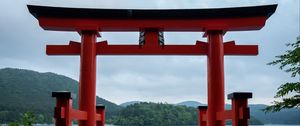 Preview wallpaper gate, water, hills, trees, landscape