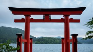 Preview wallpaper gate, water, hills, trees, landscape