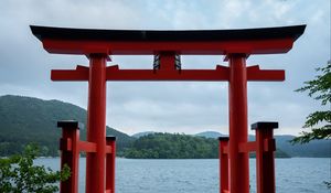 Preview wallpaper gate, water, hills, trees, landscape