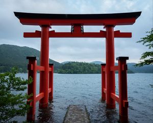 Preview wallpaper gate, water, hills, trees, landscape