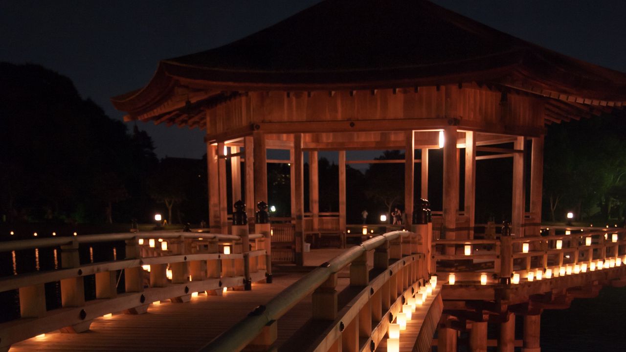 Wallpaper gazebo, bridge, lights, water, dark