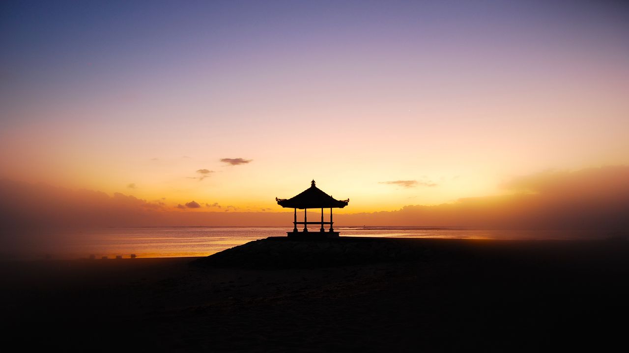 Wallpaper gazebo, ocean, sunset, bali, indonesia