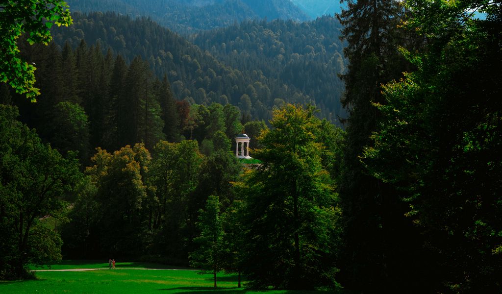 1024x600 Wallpaper gazebo, trees, grass, sky, mountains, landscape, germany