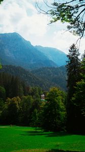 Preview wallpaper gazebo, trees, grass, sky, mountains, landscape, germany