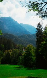 Preview wallpaper gazebo, trees, grass, sky, mountains, landscape, germany