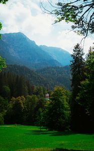 Preview wallpaper gazebo, trees, grass, sky, mountains, landscape, germany