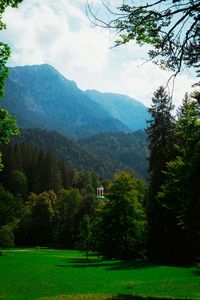 Preview wallpaper gazebo, trees, grass, sky, mountains, landscape, germany