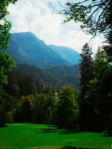 Preview wallpaper gazebo, trees, grass, sky, mountains, landscape, germany