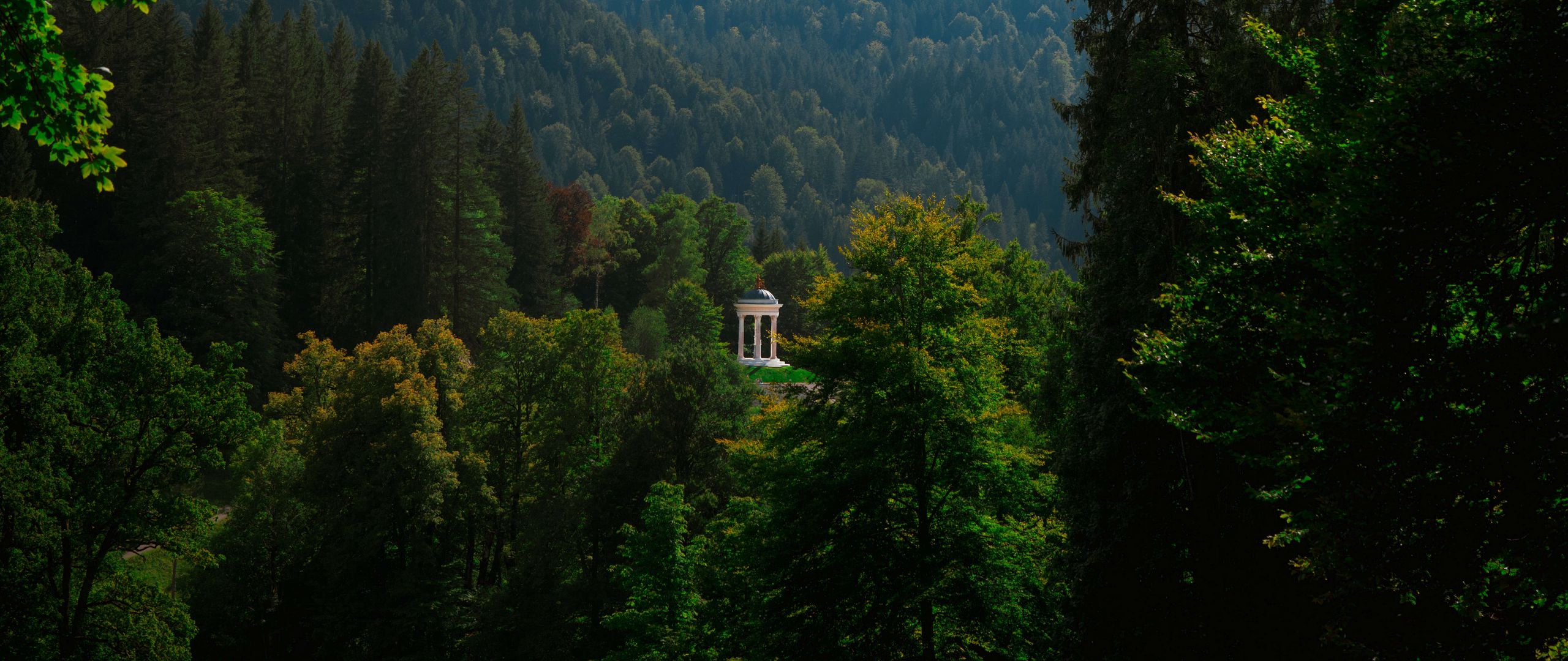 2560x1080 Wallpaper gazebo, trees, grass, sky, mountains, landscape, germany
