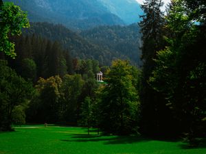 Preview wallpaper gazebo, trees, grass, sky, mountains, landscape, germany