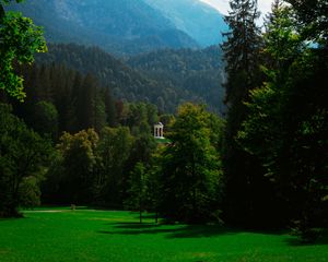 Preview wallpaper gazebo, trees, grass, sky, mountains, landscape, germany