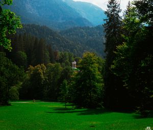 Preview wallpaper gazebo, trees, grass, sky, mountains, landscape, germany