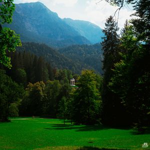 Preview wallpaper gazebo, trees, grass, sky, mountains, landscape, germany