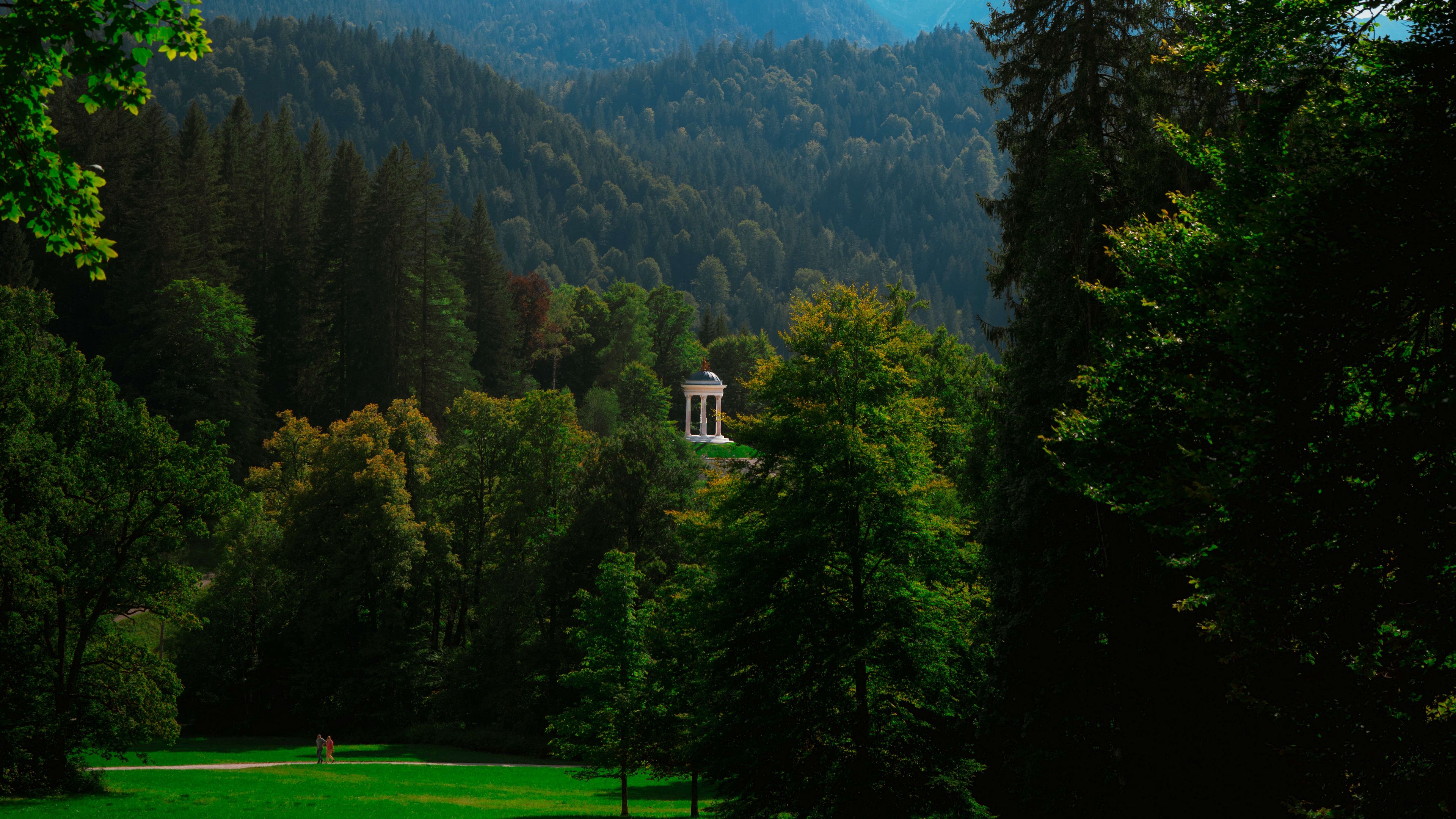3840x2160 Wallpaper gazebo, trees, grass, sky, mountains, landscape, germany