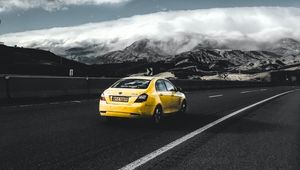 Preview wallpaper geely, car, rear view, yellow, road