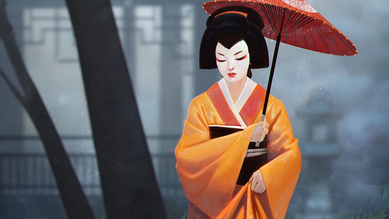 Wallpaper geisha, girl, kimono, umbrella, art