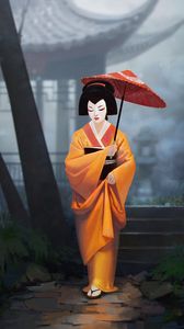 Preview wallpaper geisha, girl, kimono, umbrella, art