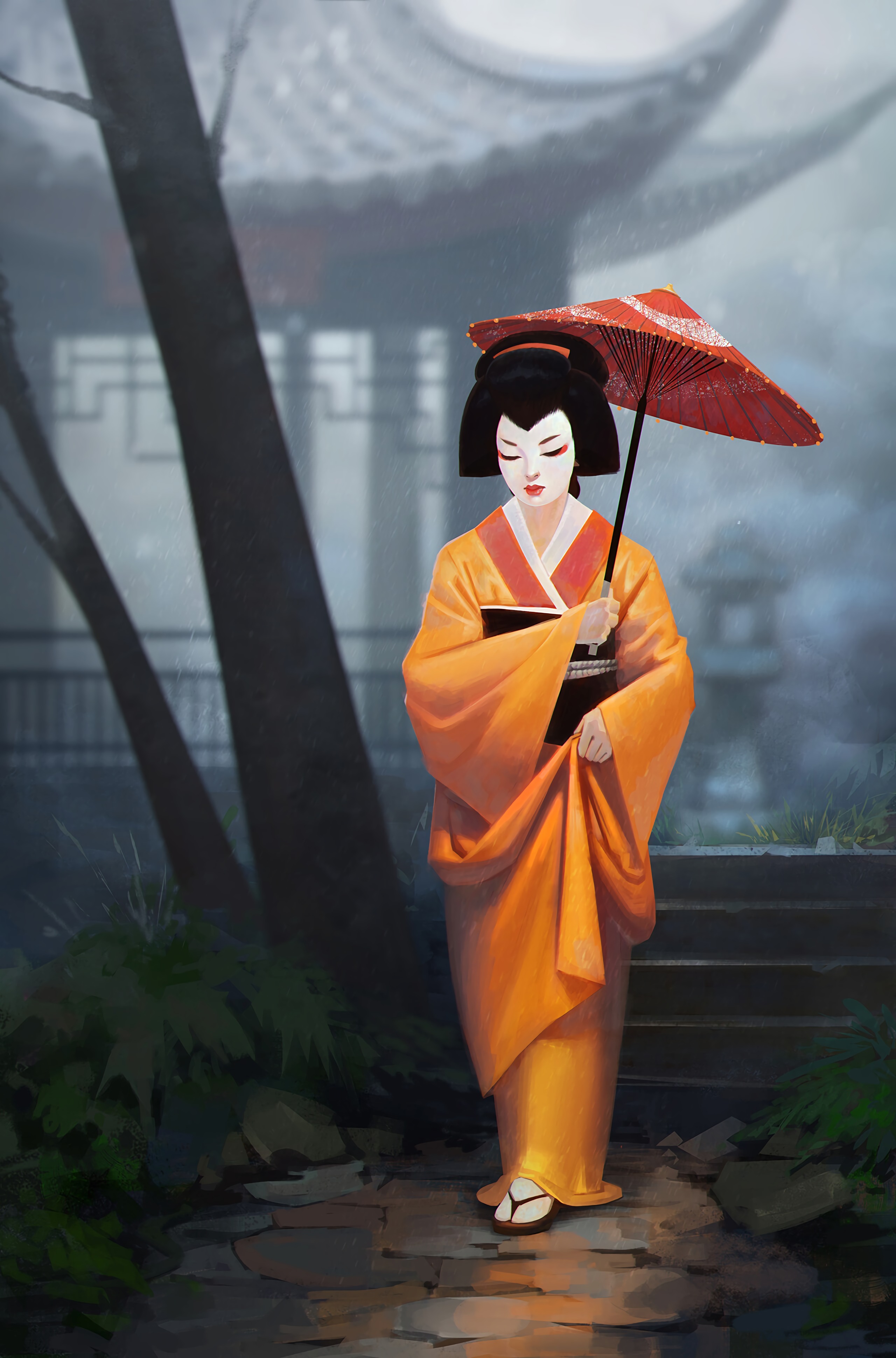 Download wallpaper 2560x3878 geisha, girl, kimono, umbrella, art hd