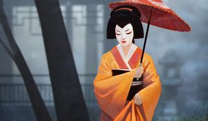 Preview wallpaper geisha, girl, kimono, umbrella, art