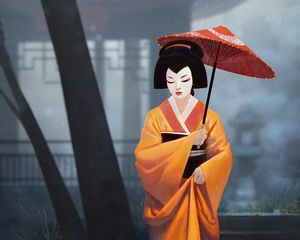 Preview wallpaper geisha, girl, kimono, umbrella, art