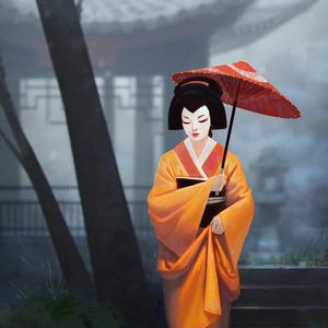 Preview wallpaper geisha, girl, kimono, umbrella, art