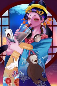 Preview wallpaper geisha, kimono, glass, cocktail, telephone, style, anime
