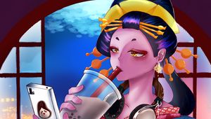 Preview wallpaper geisha, kimono, glass, cocktail, telephone, style, anime