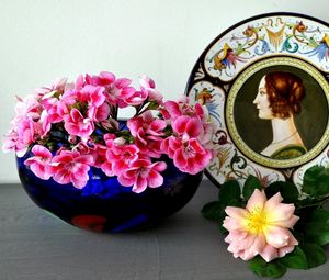 Preview wallpaper geraniums, roses, flowers, plate, profile, surface