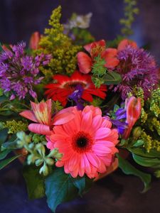 Preview wallpaper gerbera, alstroemeria, bouquet, flowers, herbs, design, beautifully