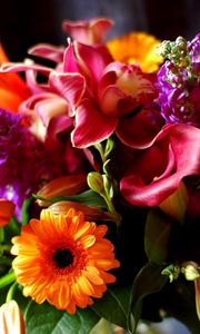 Preview wallpaper gerbera, calla lilies, lily, flowers, bouquet, decoration, close-up