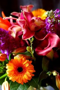 Preview wallpaper gerbera, calla lilies, lily, flowers, bouquet, decoration, close-up