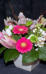 Preview wallpaper gerbera, flowers, buds, flower, vase, composition