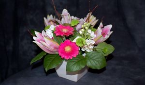 Preview wallpaper gerbera, flowers, buds, flower, vase, composition