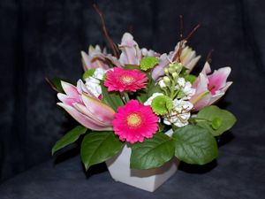 Preview wallpaper gerbera, flowers, buds, flower, vase, composition